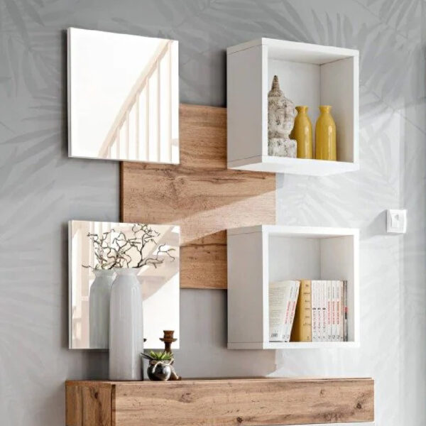 Elyria Wooden Wall Shelf With 2 Mirror In Wotan Oak And White